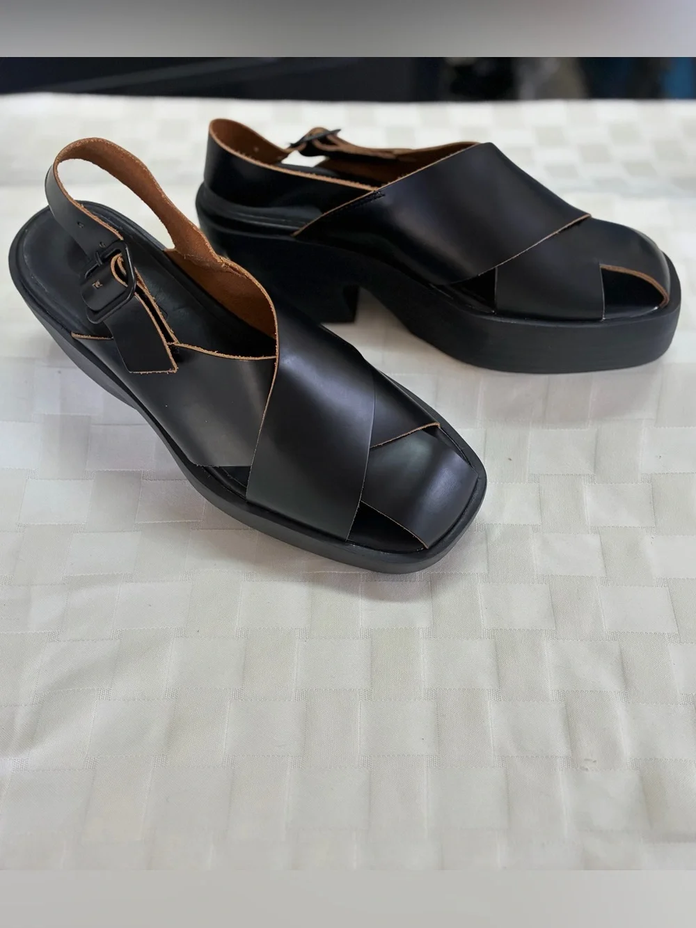 Camper Black Platform Slingback Sandals with Cross-Strap Upper
